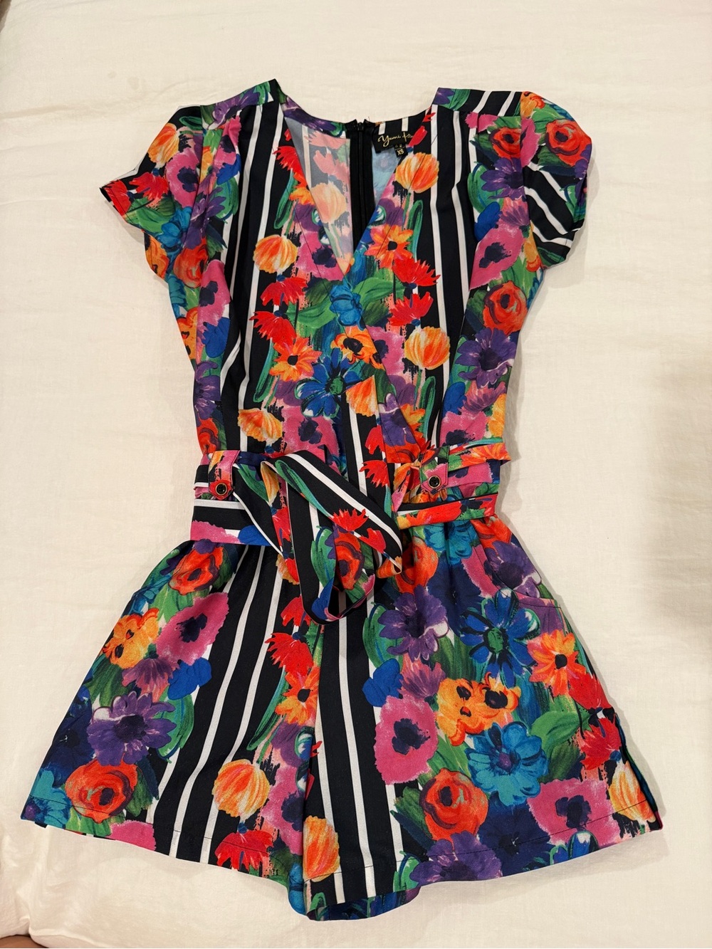 Yumi Kim Floral Stripe Tie-Waist Romper in Black & Multicolor